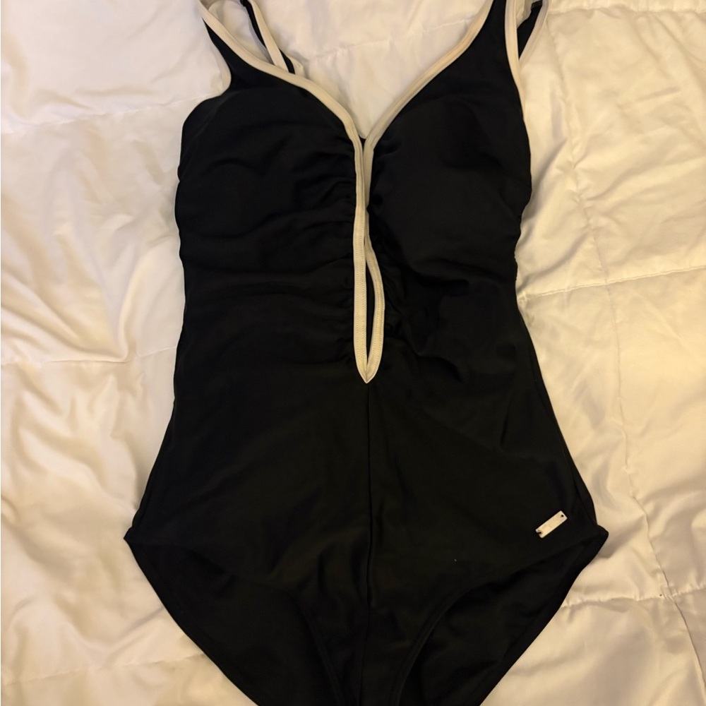 Black and White One Piece Swimsuit with Plunging V-Neckline
